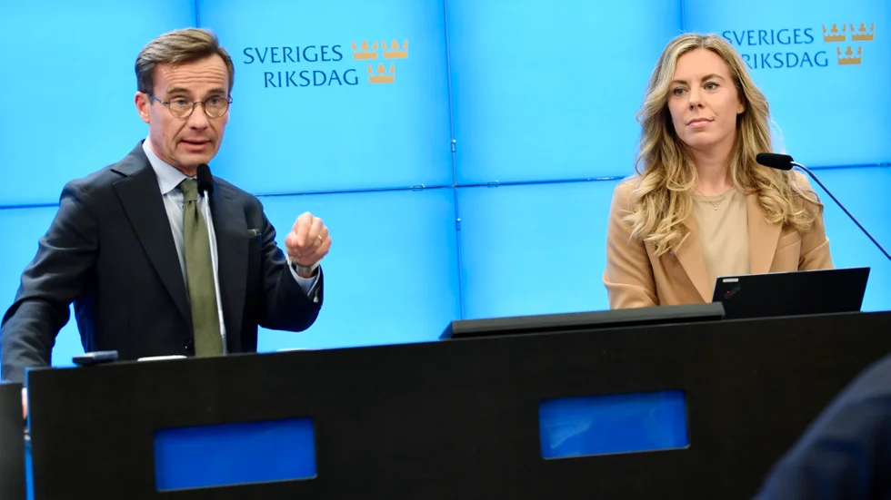 Moderaternas partiledare Ulf Kristersson (M) och Moderaternas Miljö- och klimatpolitisk talesperson Jessica Rosencrantz .