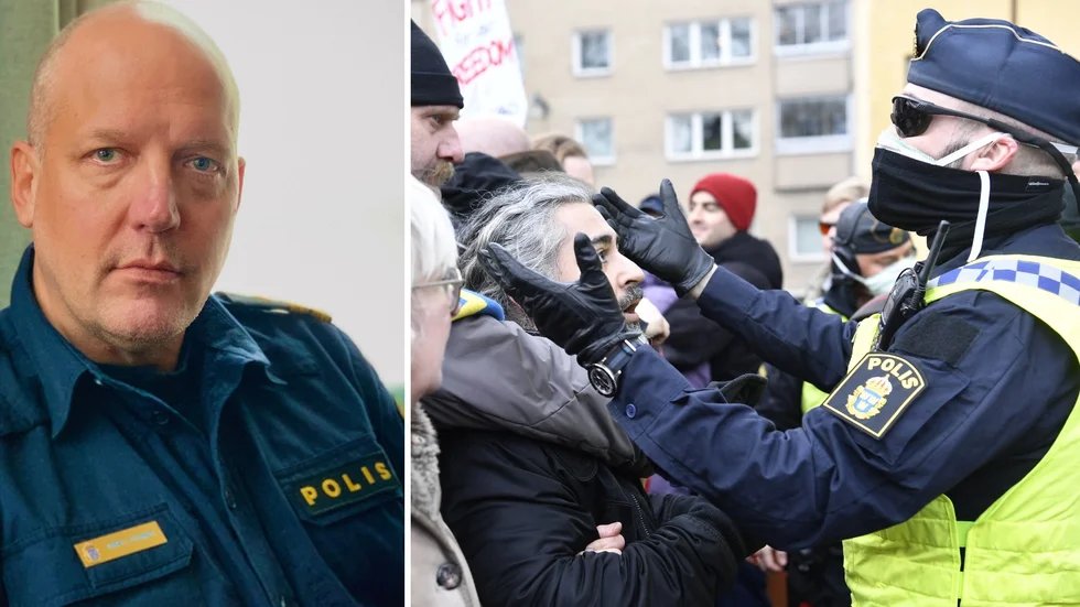 Polisen har beredskap om det skulle bli en coronarelaterad demonstration på lördag i Uppsala. Bilden t h är från manifestationen i Stockholm den 6 mars. 