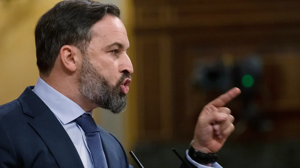 Santiago Abascal, partiledare för högerextrema Vox, under ett tal i det nationella parlamentet i Madrid i oktober i fjol.