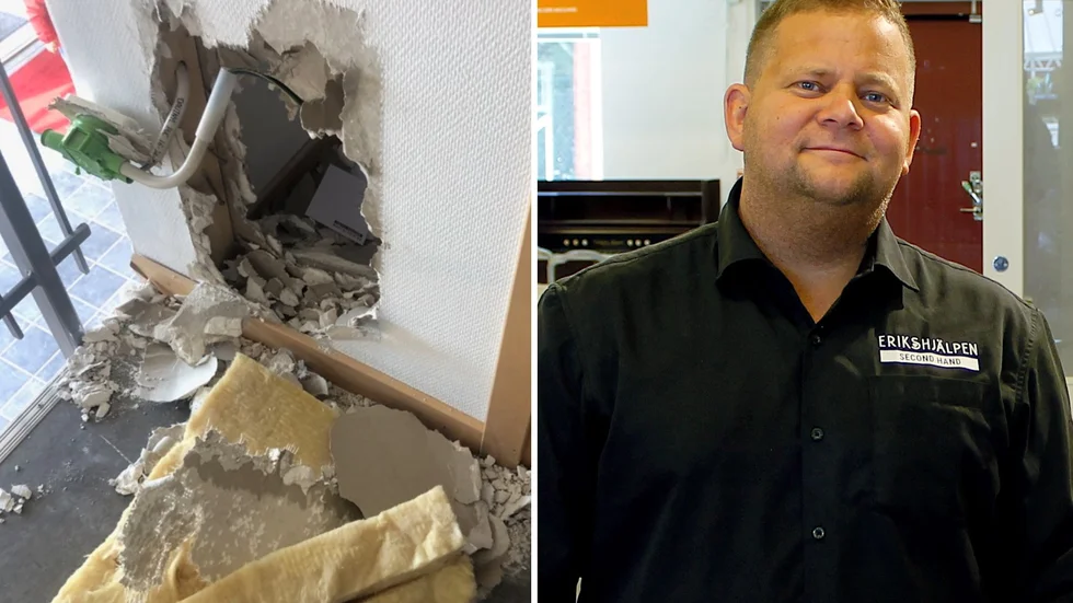 Inbrottstjuvarna slog sig igenom fem väggar för att nå Erikshjälpens kassarum. "Klart att man är jättebesviken", säger butikschef Joakim Ragnar.