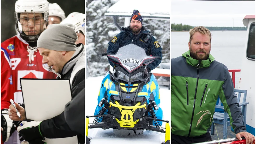 Mats Rönnqvist i sina tre yrkesroller. Nu har polisen och yrkesfiskaren även tagit klivet in som ny huvudtränare i Kalix Bandy igen. 
