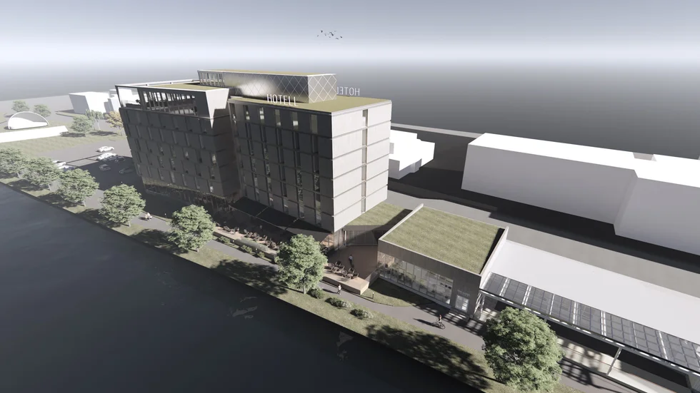 Vy från Kungsgatan över M/S Bränna och det nya hotellet med lyxigt spa på toppen som planeras i anslutning till restaurangen.  Målsättningen är att förstärka Boden som destination. Örats utescen med ny placering längst bort till vänster i bild.