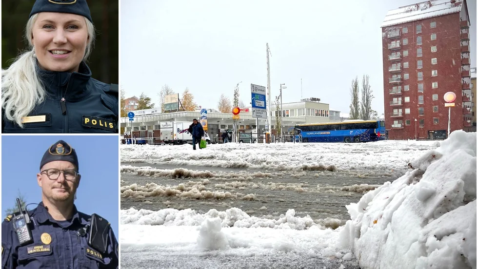 Emma Svensson och Andre Hansson varnar för snön och vädjar till trafikanterna att ta det lugnt på vägarna.