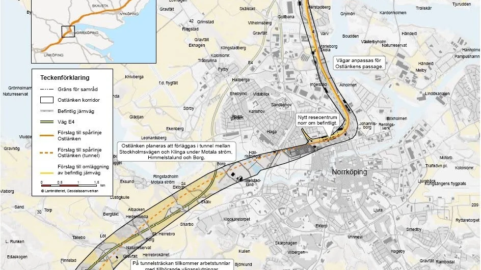 Förslag. Så är det tänkt att Ostlänken ska dras genom och under Norrköping, från Loddby i norr till Klinga i söder.