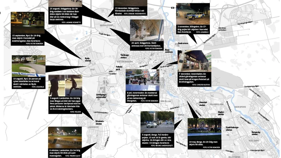 De tolv skottlossningarna runt om i Linköping under 2021.
