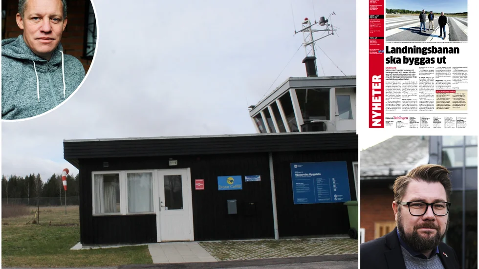 Kommunalrådet Dan Nilsson (S), nedan till höger, tror och hoppas att förlängningen av landningsbanan kommer att vara värd pengarna det kostade, i framtiden. Att processen tagit så lång tid beror enligt Daniel Niklasson (t v) på att man tagit projektet i olika etapper. Till höger artikeln som publicerades i VT 25 april 2014.  