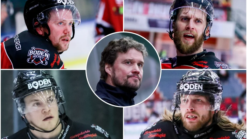 Mikael Lidhammar, Sebastian Harila, Felix Dahlroth och Christian Nyman är fyra av spelarna i Boden som har sjukdomsproblem. Tränaren Robert Nordberg (mitten) har istället fått plocka in juniorer. 