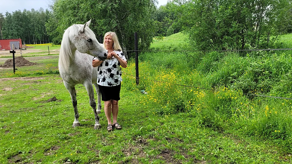Marianne Engberg har en liten mysstund med sin valack Fortino." Det här är världens snällaste och finaste häst. Jag har en stallplats i Bensbyn hos några vänner."