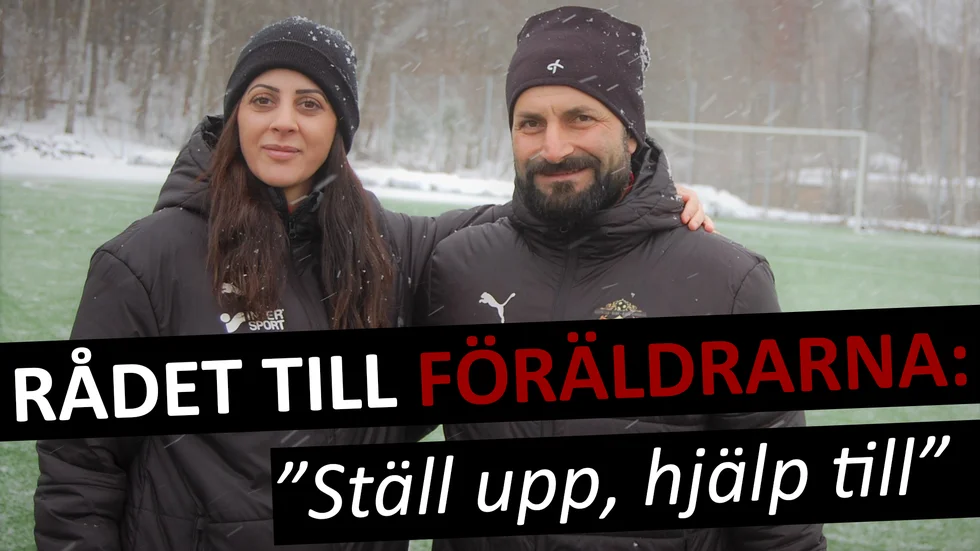 Simon Dogan och Elen Kheiroujan under ett snöigt fotbollspass på Navestads IP.