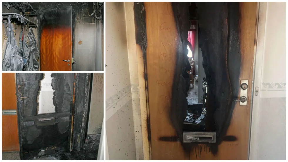 Så här såg det ut efter branden. Bilden överst till vänster är tagen inifrån hallen, de övriga är från trapphuset.