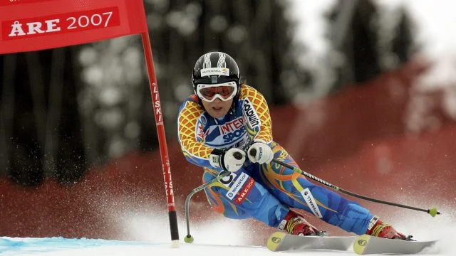 Sweden's Anja Paerson competes during the Nations Team event, at the World Alpine Ski Championships in Are, Sweden, Sunday, Feb. 18, 2007. (AP Photo/Charles Krupa)