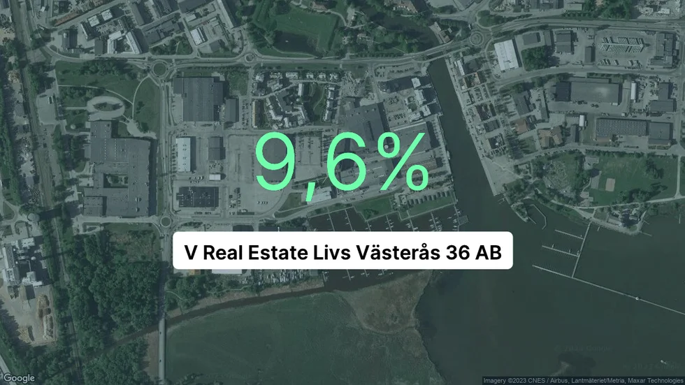 Illustrationen visar rörelsemarginalen för V real estate livs Västerås 36 för det senaste året. Bakgrunden är en satellitbild över företagets adress.