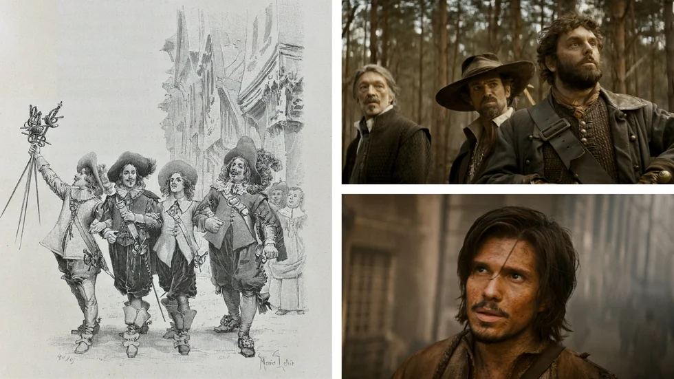 De tre musketörerna Athos, Porthos, Aramis och  d'Artagnan illustration av Maurice Leloir från 1894. I  Martin Bourboulons film spelas de av Vincent Cassel, Romain Duris, Pio Marmaï och François Civil. 