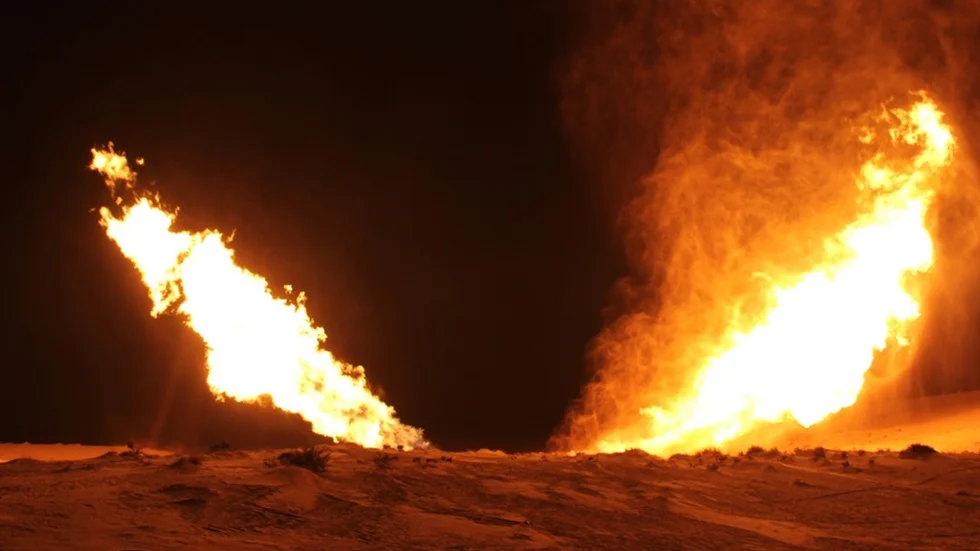 Flames rise from a gas pipeline explosion in El-Arish, Egypt, Monday, March 5, 2012. Militants again blew up a gas pipeline in Egypt's Sinai Peninsula that transports fuel to neighboring Israel and Jordan, Egyptian security officials said Monday. The attack on the pipeline was the 13th since the popular uprising that ousted longtime Egyptian leader Hosni Mubarak last year. (AP Photo)