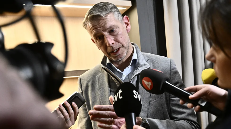 Peter Carlsson, medgrundare och tidigare vd för batteriföretaget Northvolt uttalar sig på Northvolts kontor i Stockholm efter bolagets konkursbesked.