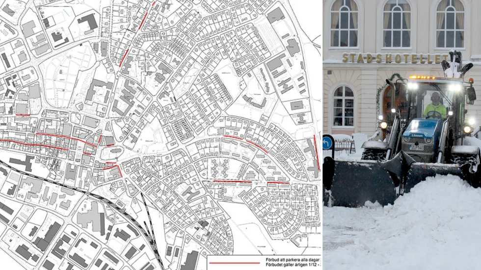 Under vintern råder parkeringsförbud nattetid på flera gator i centrala Vimmerby. De är markerade med rött på kartan. 