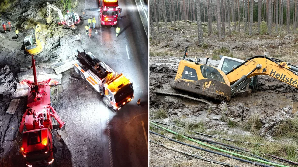 Grävmaskinen körde fast i diket längs riksväg 56, men bärgades under natten. 