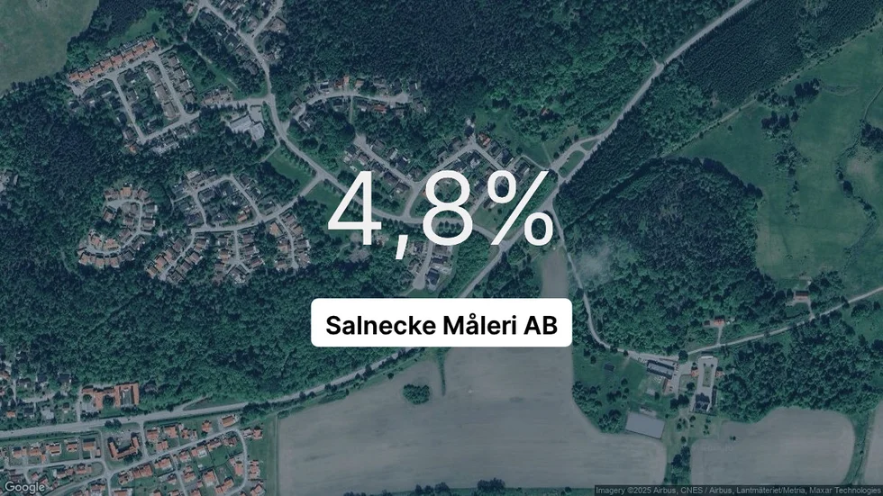Illustrationen visar rörelsemarginalen för Salnecke Måleri för det senaste året. Bakgrunden är en satellitbild över företagets adress.