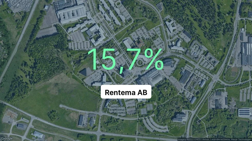 Illustrationen visar rörelsemarginalen för Rentema för det senaste året. Bakgrunden är en satellitbild över företagets adress.