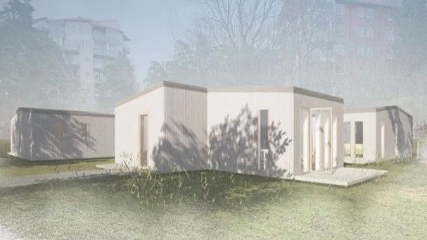 Så här ska husen se ut, de är 55 kvadratmter per styck, och det blir fyra hus per tomt.