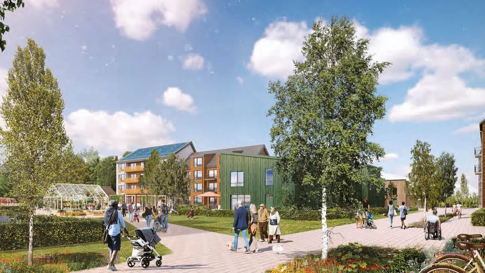 Ett nytt bostadsområde med 400 nya lägenheter kommer att byggas när Piteå växer österut genom projektet Strömnäsbacken 2. Här GretaBo:s vinnande koncept för 150 bostads- och hyresrätter.