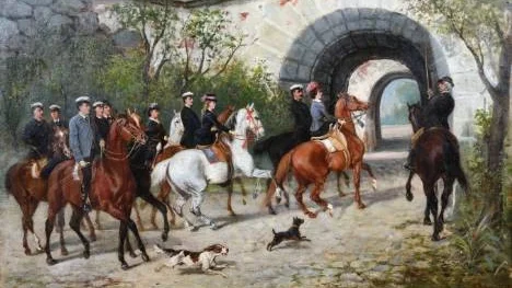 Ryttare utanför Kung Jans port vid Uppsala slott, målade av John Arsenius 1882. Arsenius var då akademistallmästare och syns själv till höger på bilden.