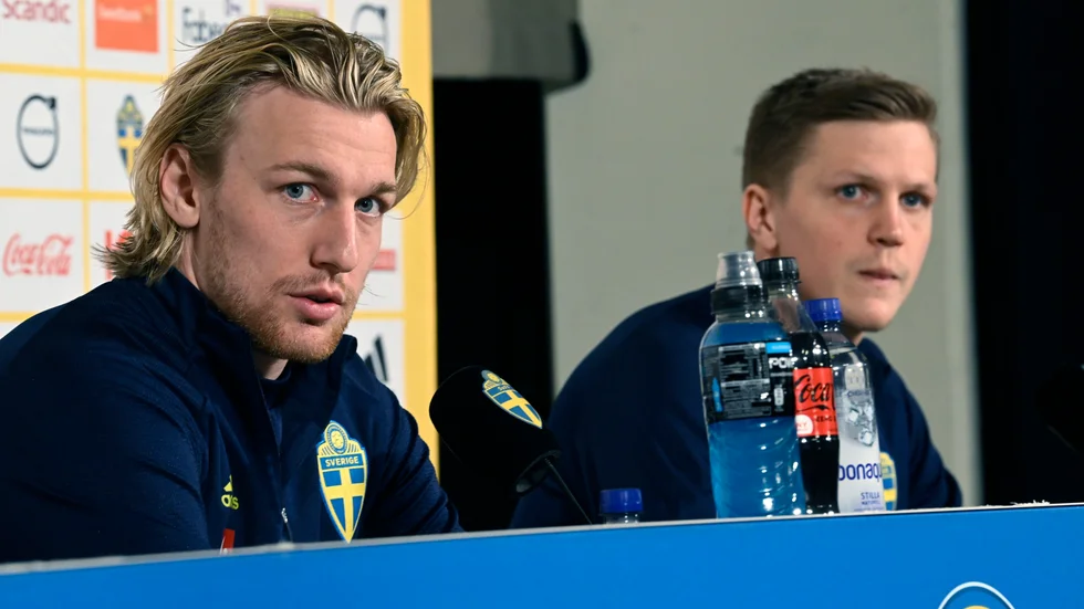 Emil Forsberg och Joakim Nilsson pratade på landslagets pressträff.