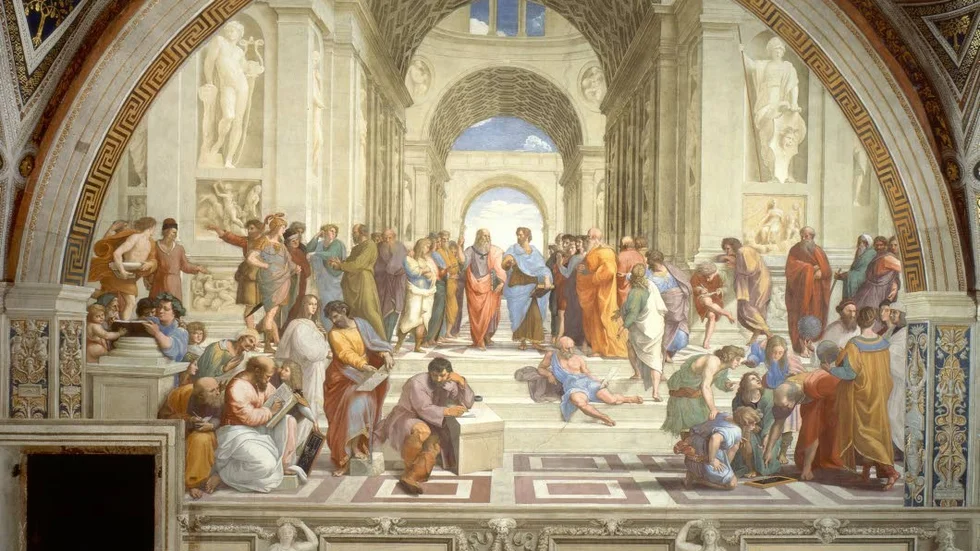 Antiken. Rafaels fresk ”Skolan i Aten” (1509-1511) i Apostoliska palatset i Vatikanen gestaltar flera av antikens filosofer. I centrum syns Platon och Aristoteles.
