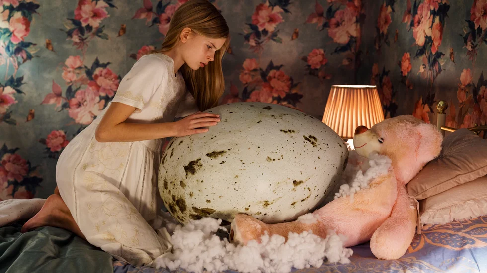 I "Ruva" vänds allt upp och ner i en finsk influerarfamilj, när ett av barnen hittar ett mystiskt ägg i skogen. Pressbild.