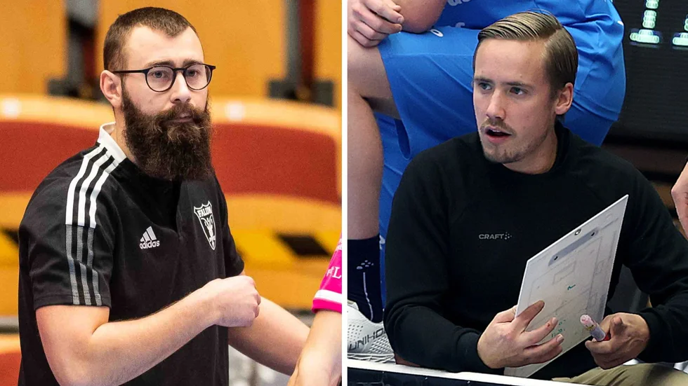 Försökte Faluns tränare Thomas Holmgren (t v) och Kalmarsunds tränare Viktor Gustafsson att skoja med Storvreta och åhörarna?