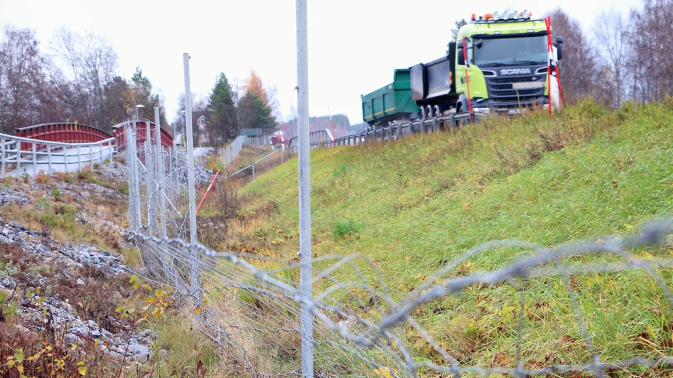Viltstängslet mellan E4 och gång- och cykelvägen vid Alterälven har slitits loss från stolparna och tryckts mot marken.
