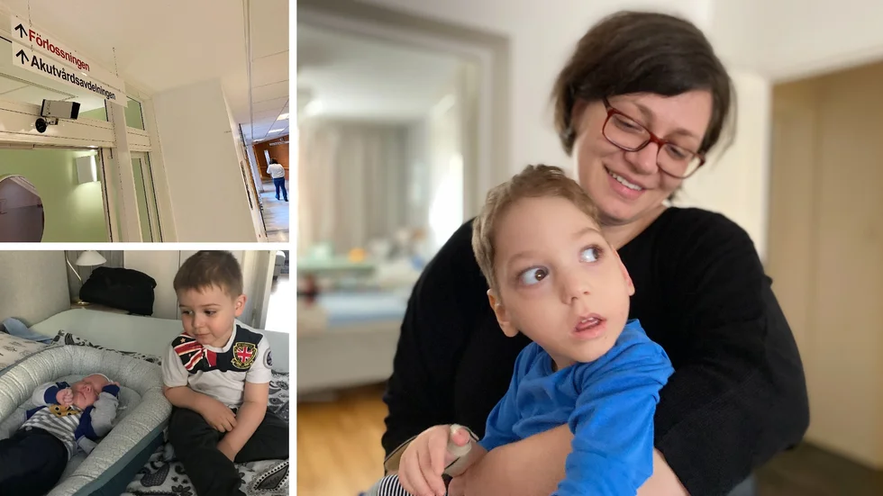 Paula Puciova och sonen David, 3 år, som drabbades av syrebrist under förlossningen och fick en grav cp-skada. På bilden till vänster har David kommit hem för första gången, efter en första månad i livet på sjukhus och välkomnas av storebror Filip. 