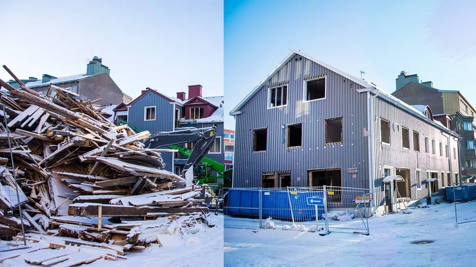 Kungsgatan Luleå. Huset där restaurangen Odod legat rivs för att ge plats med HSBs bostäder.