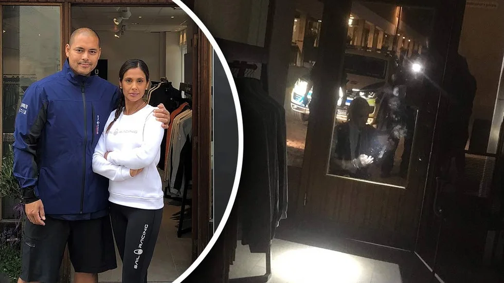 Ägarna till butiken, Peter Lindståhl och Elisabet Hultén. Den andra bilden togs av elisabet Hultén under natten när polisen säkrade spår efter förövarna.