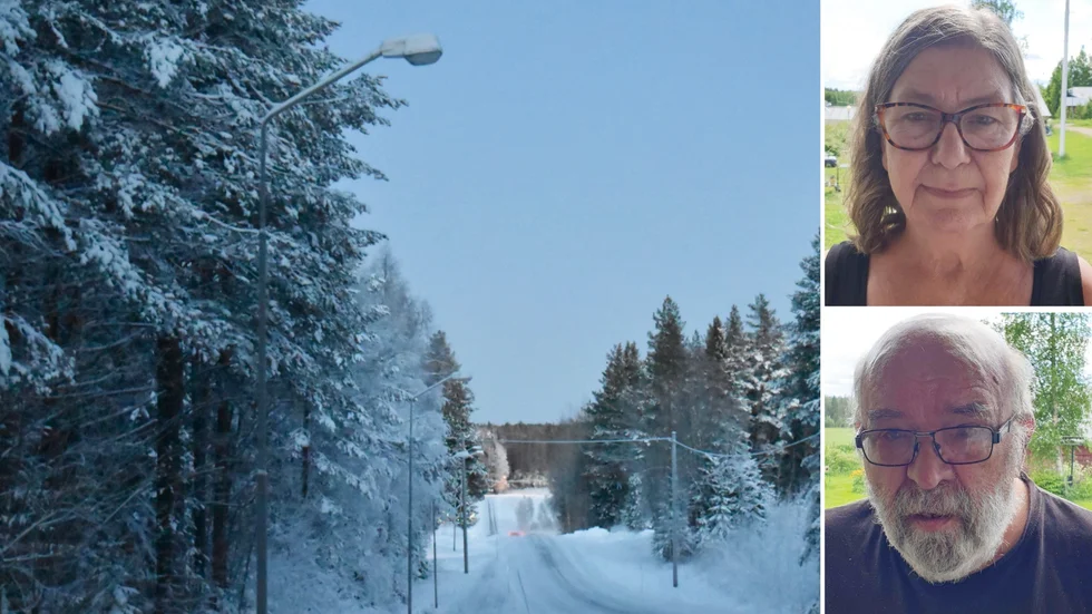 Till vänster syns nedsläckta lampor i en by. Kritiska till hur belysningsfrågan nu fortsatt hanteras är Anette Jansson och Nils-Rune Edström.