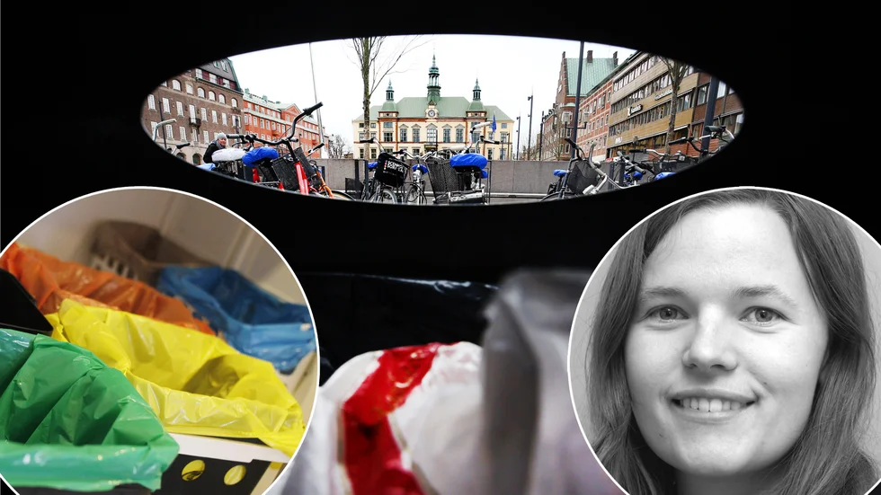 I den nya soptunnan på torget ska soporna sorteras. Gult för pappersförpackningar och orange för plastförpackningar. Hanna Nordin är parkingenjör på kommunen.