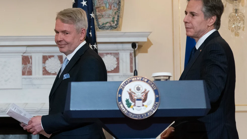 Finlands utrikesminister Pekka Haavisto och USA:s utrikesminister Antony Blinken i Washington i fredags.