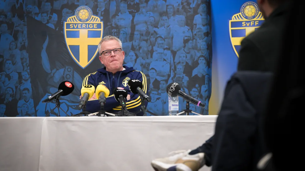 Förbundskapten Janne Andersson under tisdagens uppmärksammade presskonferens.