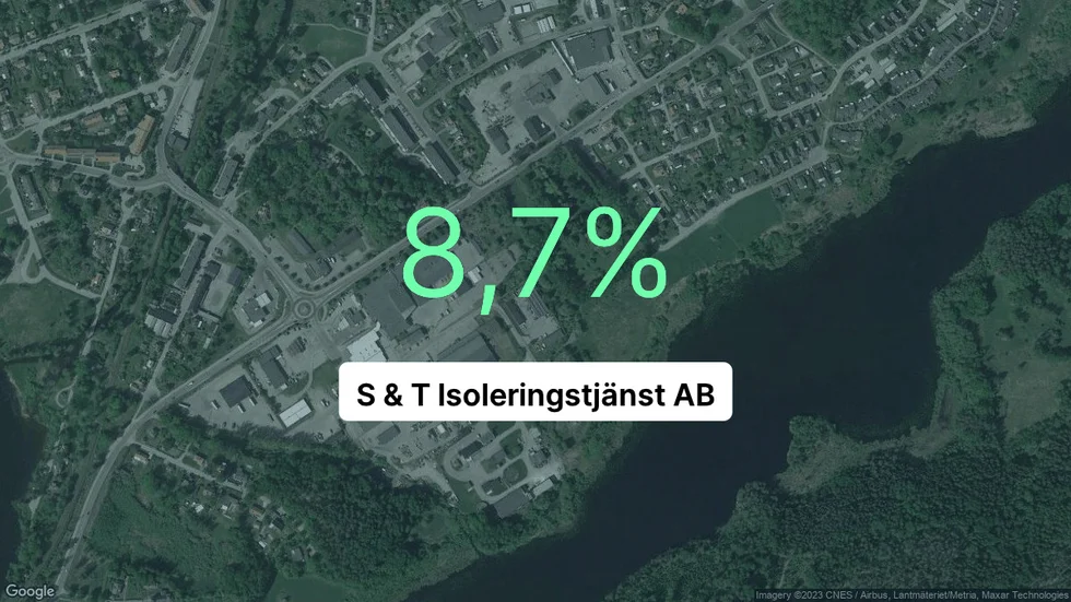 Illustrationen visar rörelsemarginalen för S & T Isoleringstjänst för det senaste året. Bakgrunden är en satellitbild över företagets adress.