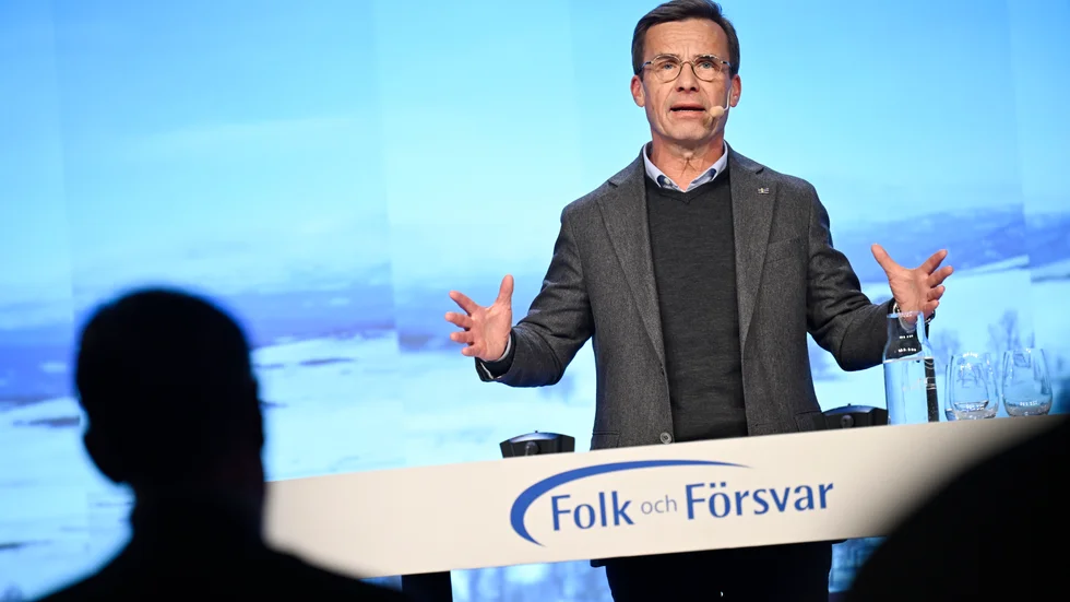 Statsminister Ulf Kristersson under sitt tal på Folk och försvars rikskonferens.