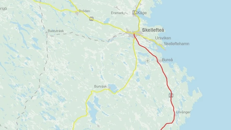 Gul markering = risk för besvärligt väglag. Röd markering = mycket besvärligt väglag.