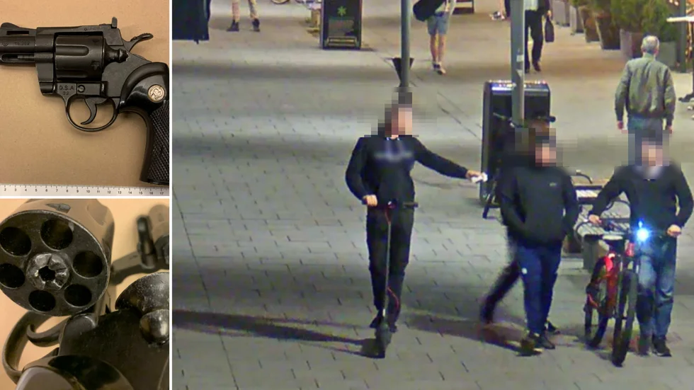Gärningsmännen och offret fångades av polisens övervakningskameror i centrum. "Revolvern" som användes för att hota offret var en replika, men såg tillräckligt äkta ut för att offret skulle frukta för sitt liv.