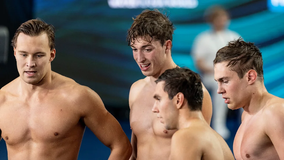 Inte ända fram. Sveriges lag på 4x100 meter frisim, från vänster Isak Eliasson, Björn Seeliger, Robin Hanson och Elias Persson, nådde inte final i sitt första VM-framträdande.