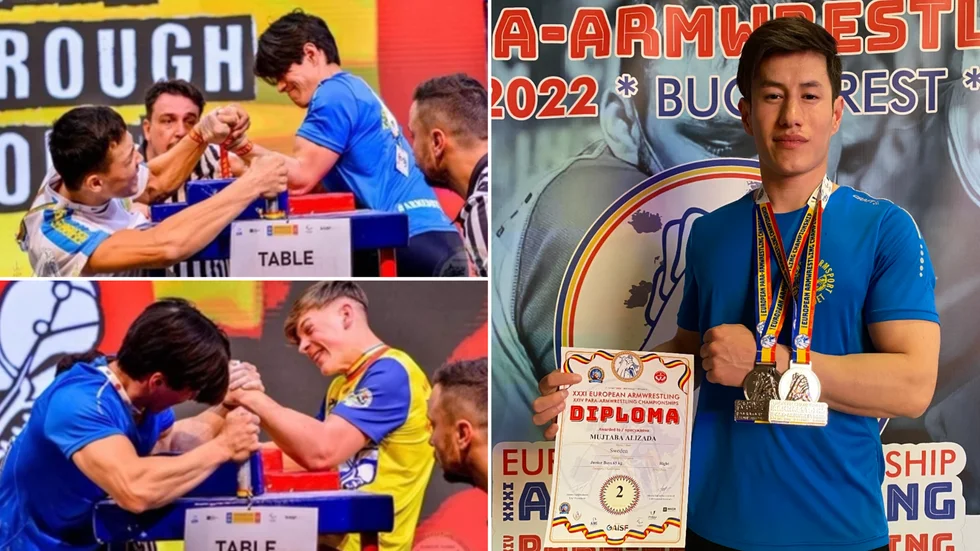 Mujtaba Alizada vinner silvermedalj under EM i armbrytning i Bukarest, Rumänien, i våras. 
