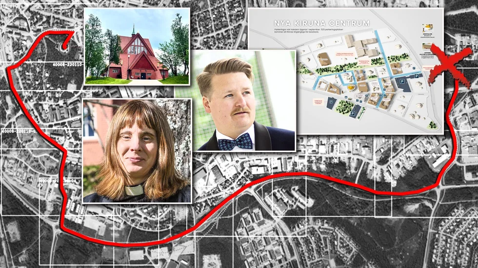Kiruna kyrkas färdväg genom staden till sin plats i nya centrum. På bild syns Joel Ahlquist, projektledare LKAB, och kyrkoherde Lena Tjärnberg, Kiruna pastorat. 