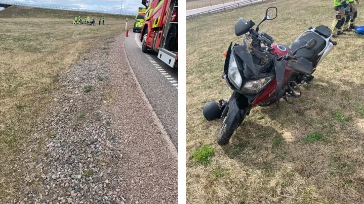 En 53-årig motorcyklist körde av riksväg 50 i höjd med Skänninge. (Bilderna är hämtade ur förundersökningen.) 