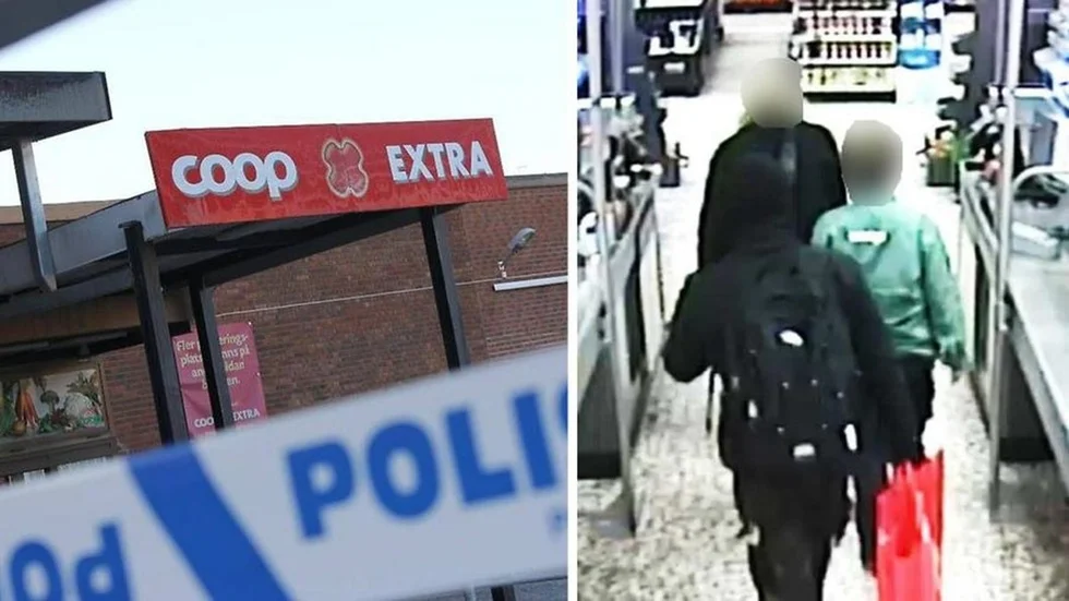 Bilden till höger är hämtad ur polisens förundersökning, och kommer ursprungligen från en av Coop Extras övervakningskameror från den 29 februari. Här syns två av rånarna tillsammans med en grönklädd Coop-anställd.