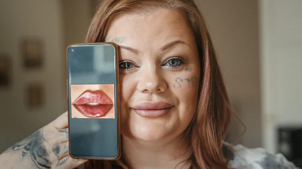 Victoria Karlsson, 32 år, har 6 milliliter hyaluronsyra i läpparna. Hon jobbar mot en idealmun och ska sedan fortsätta med näsa, kindben och haka. 