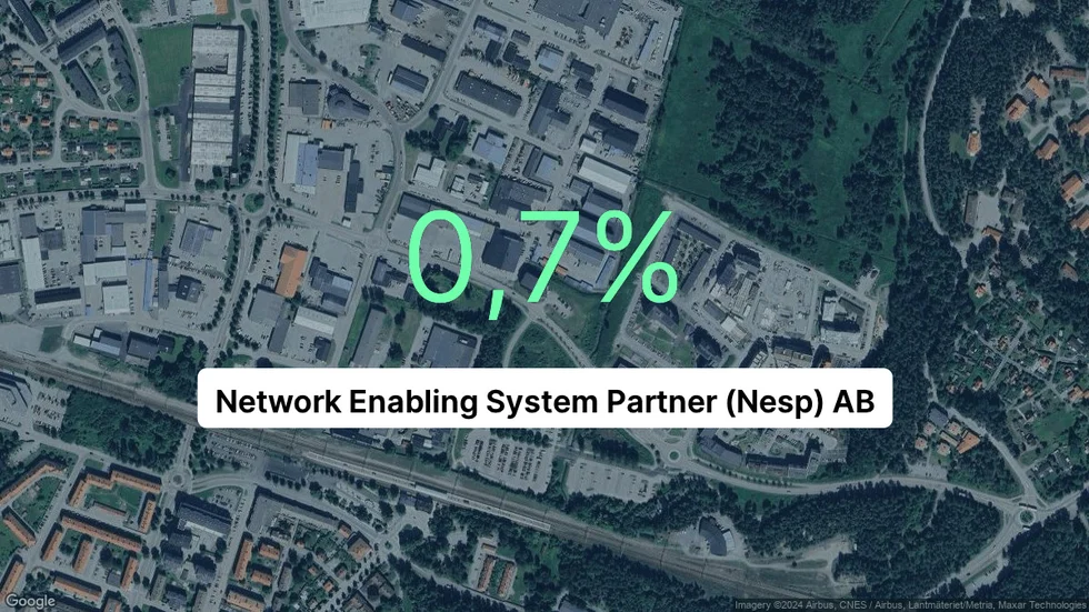 Illustrationen visar rörelsemarginalen för Network Enabling System Partner (Nesp) för det senaste året. Bakgrunden är en satellitbild över företagets adress.