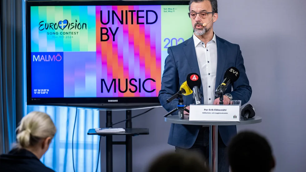 Per-Erik Ebbeståhl, hållbarhets- och trygghetsdirektör Malmö stad, vid en presskonferens i stadshuset i Malmö inför Eurovision Song Contest. Han har bott drygt 30 år i Skåne, men kommer ursprungligen från Malå.